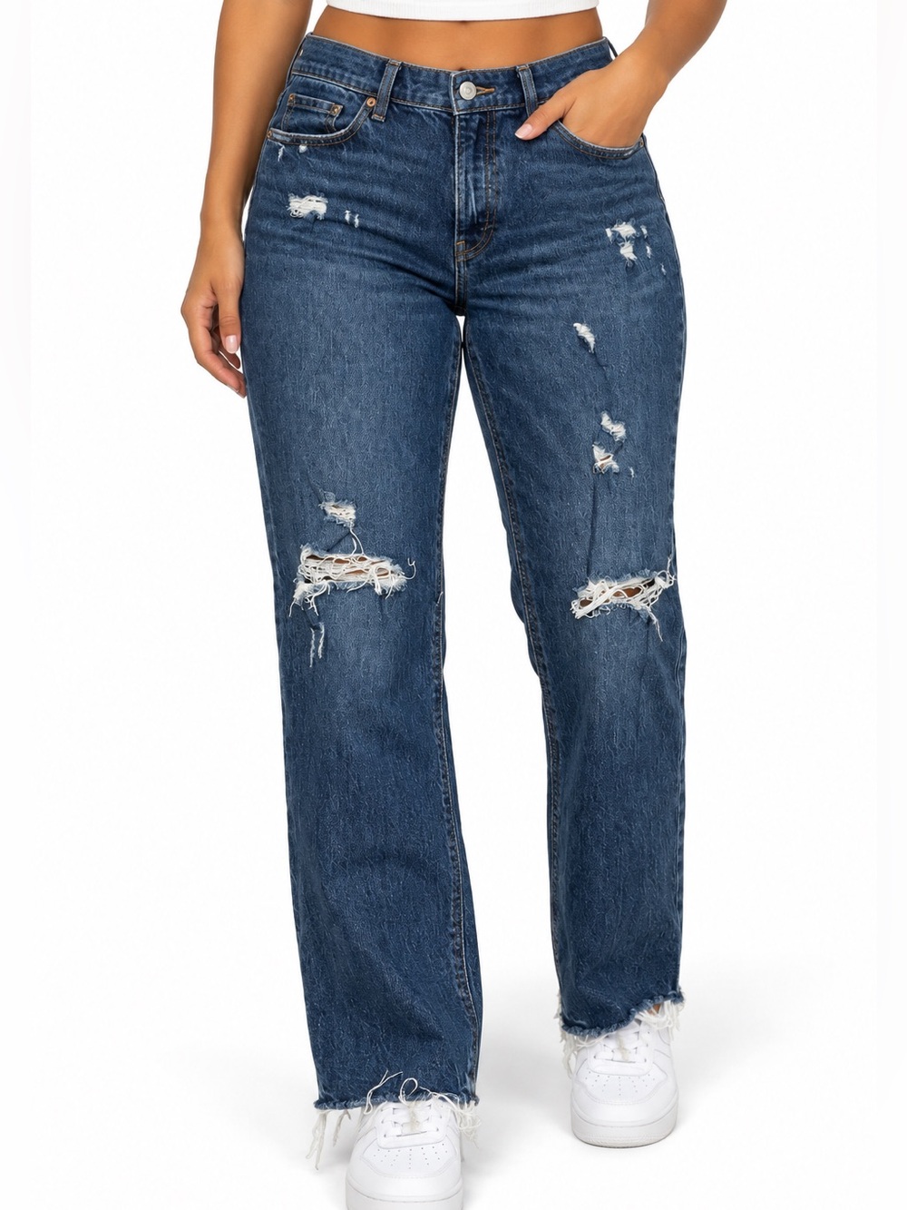 Old Navy High-Rise Slouchy Straight Distressed Jeans — Dark Wash Denim — Size 12